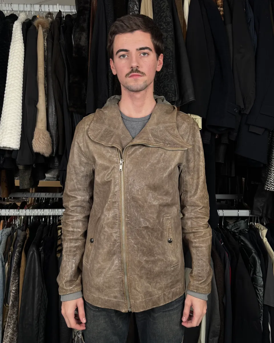 Rick Owens Beige & Grey Eroded Asymmetrical Leather Jacket - Image 2