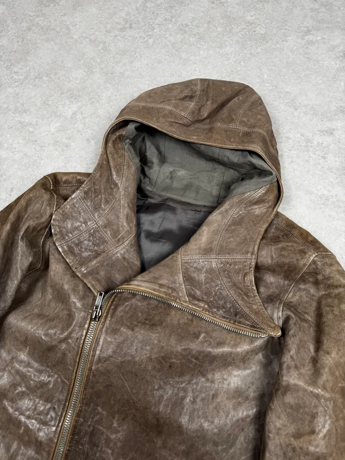 Rick Owens Beige & Grey Eroded Asymmetrical Leather Jacket - Image 4