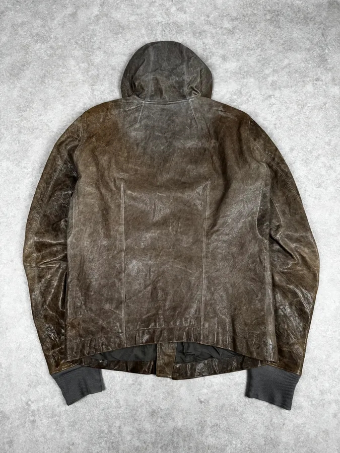 Rick Owens Beige & Grey Eroded Asymmetrical Leather Jacket - Image 5