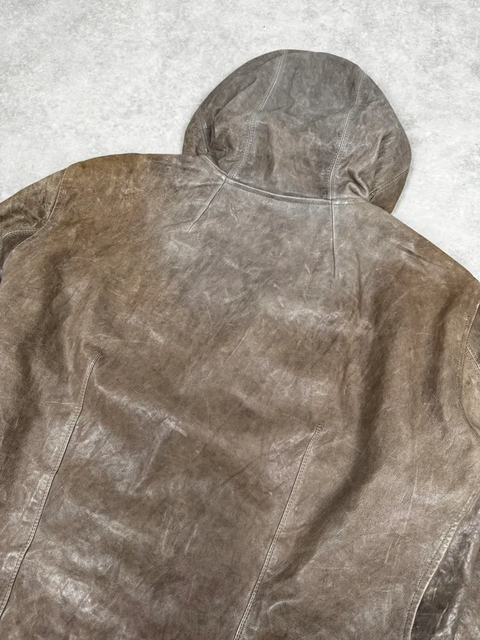 Rick Owens Beige & Grey Eroded Asymmetrical Leather Jacket - Image 7