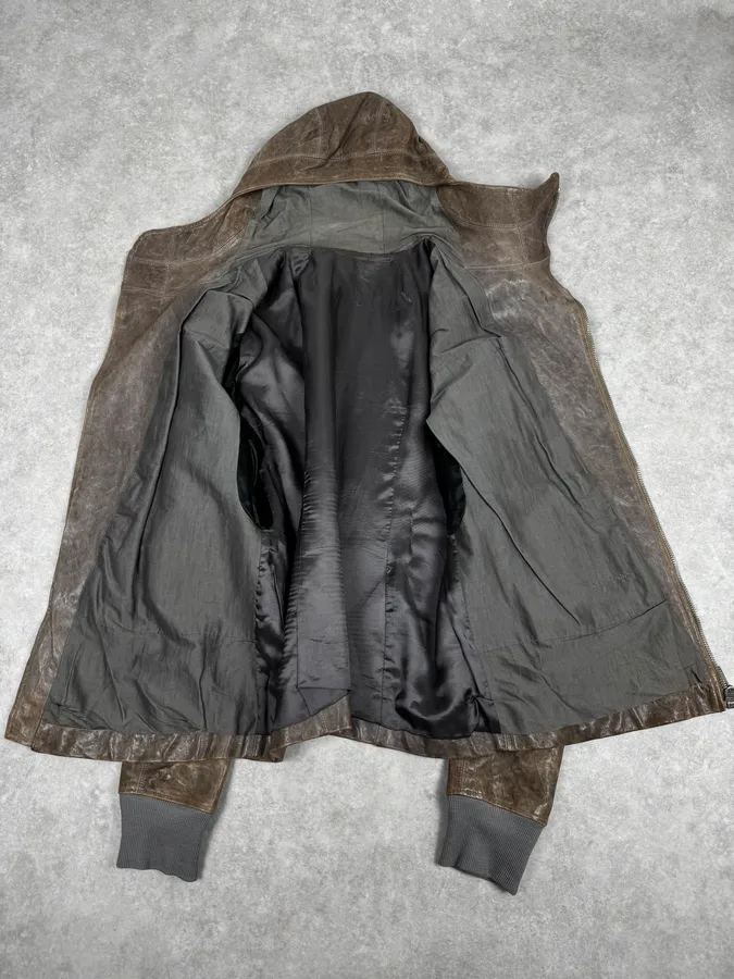 Rick Owens Beige & Grey Eroded Asymmetrical Leather Jacket - Image 8