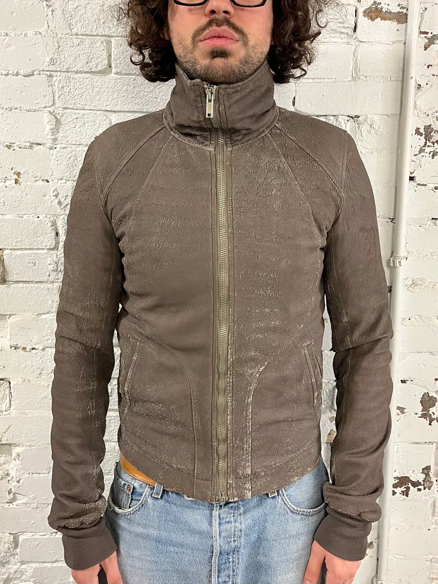 Rick Owens Distressed Taupe Leather Biker Jacket