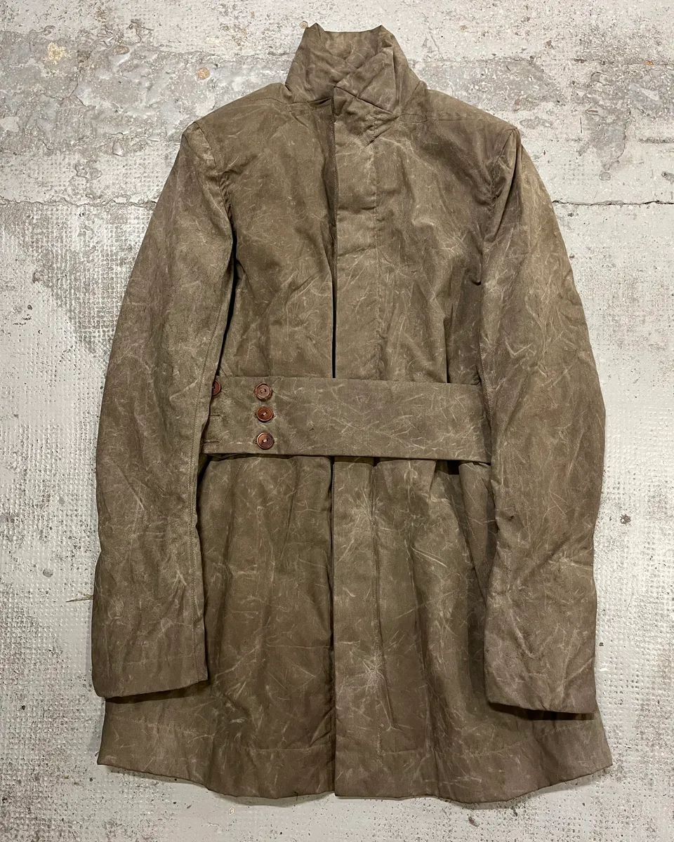Rick Owens Grey Waxed Belted Long Coat