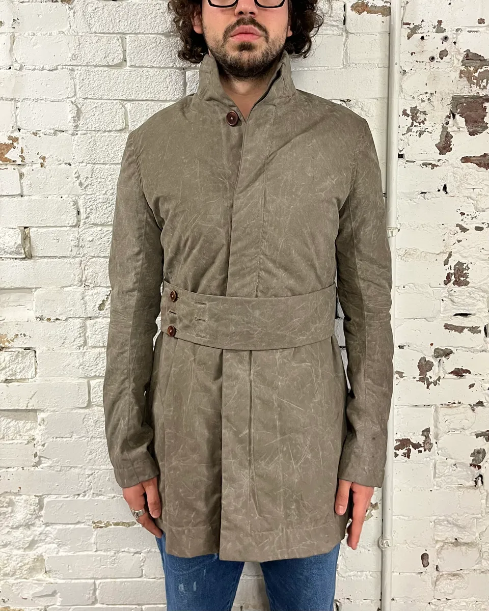 Rick Owens Grey Waxed Belted Long Coat - Image 2