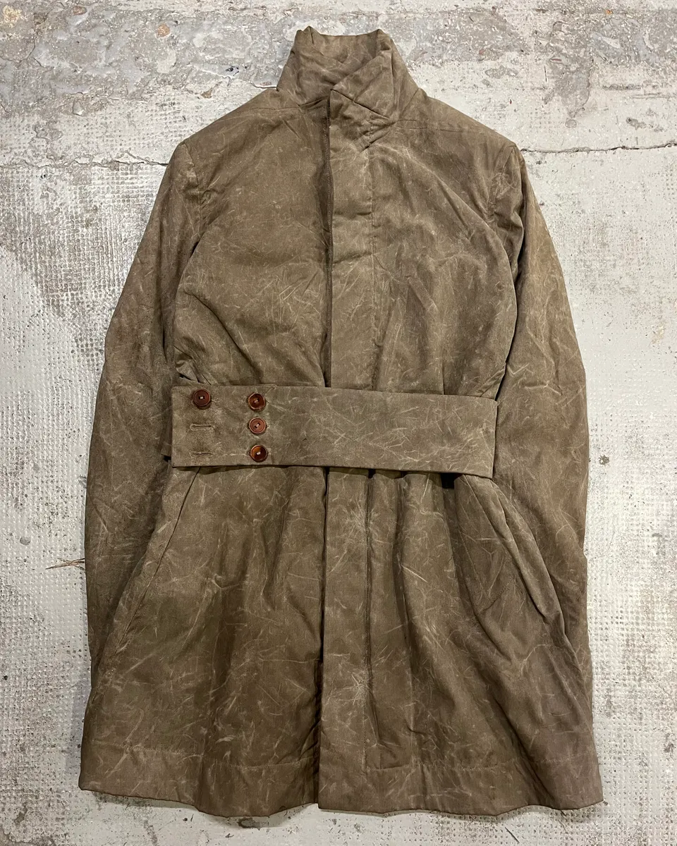 Rick Owens Grey Waxed Belted Long Coat - Image 4