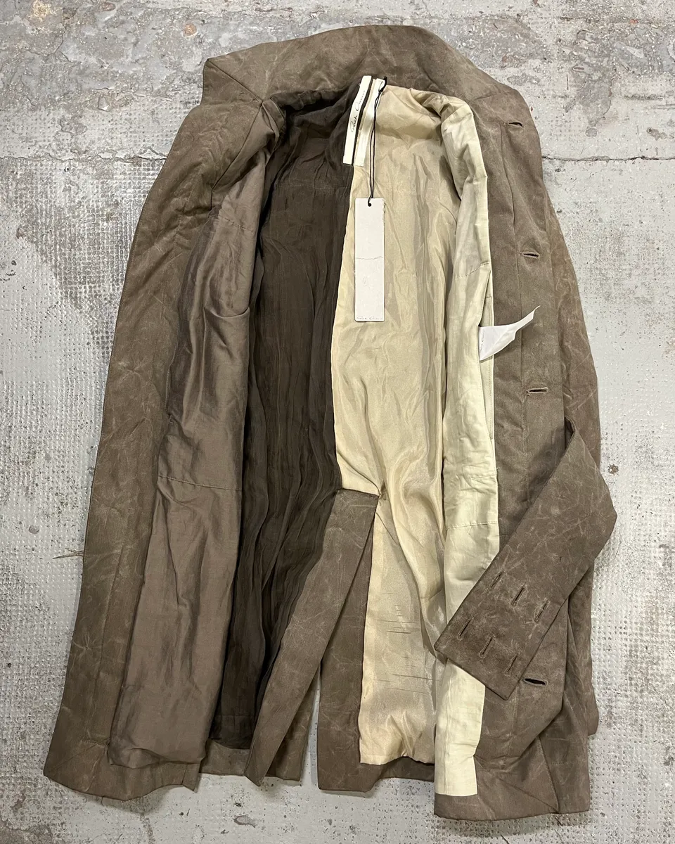 Rick Owens Grey Waxed Belted Long Coat - Image 9