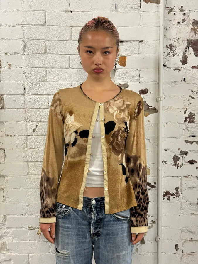 Roberto Cavalli Beige Brown Floral Leopard Cardigan