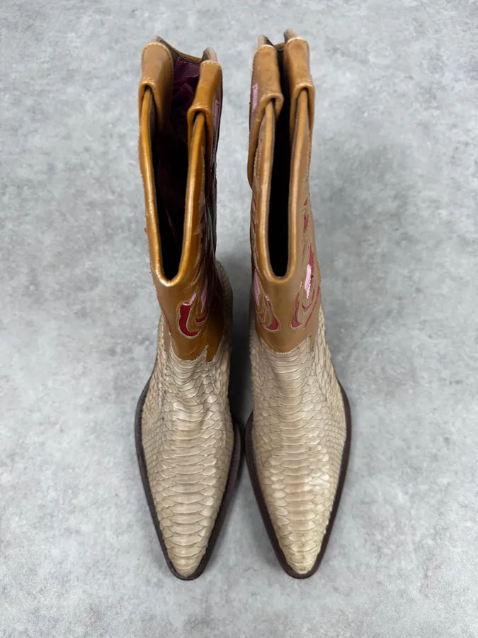 Roberto Cavalli Beige & Orange Python Embroidered Western Boots - Image 5