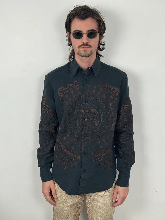Roberto Cavalli Black & Brown Crop Circle Embroidered Shirt - Image 2