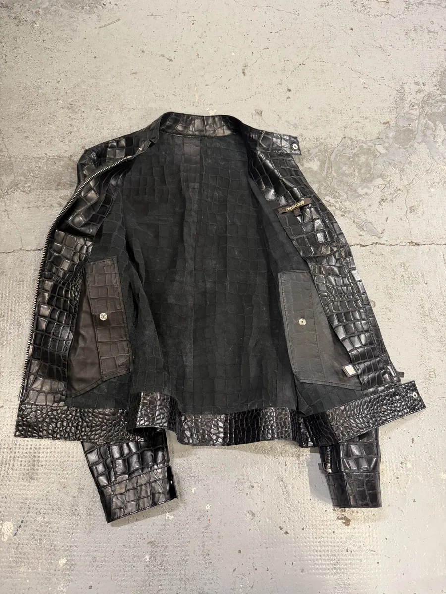 Roberto Cavalli Black Crocodile Embossed Leather Biker Jacket - Image 12