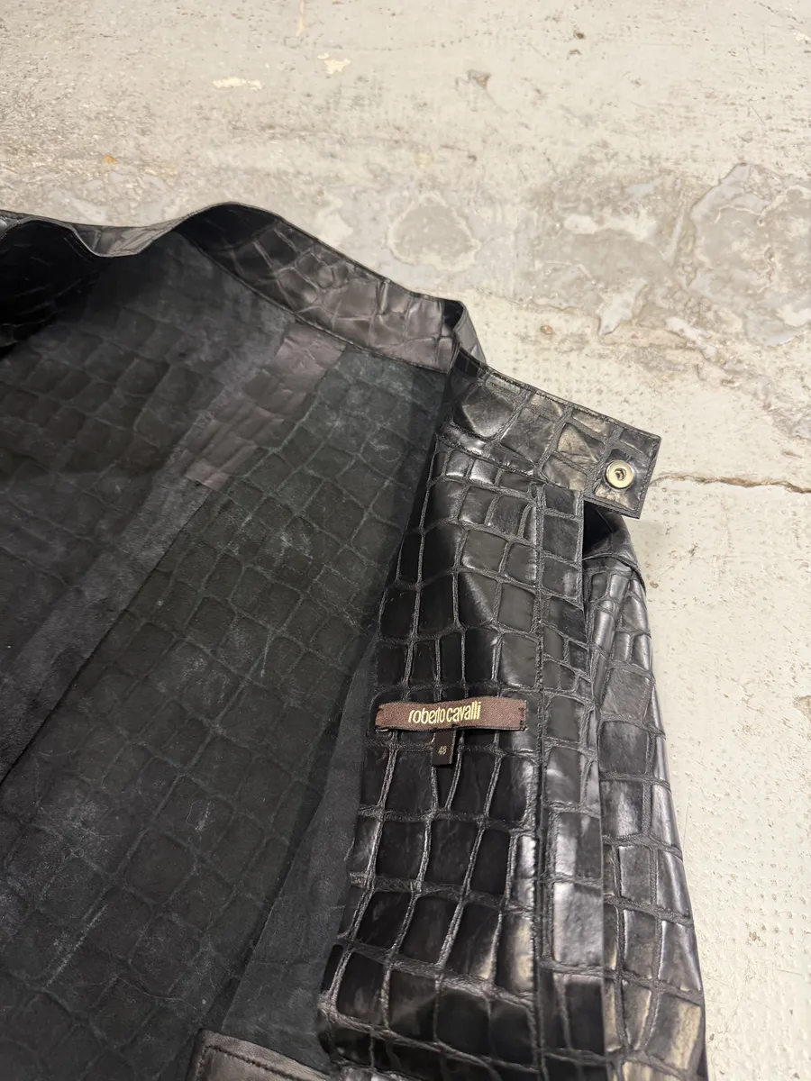 Roberto Cavalli Black Crocodile Embossed Leather Biker Jacket - Image 13