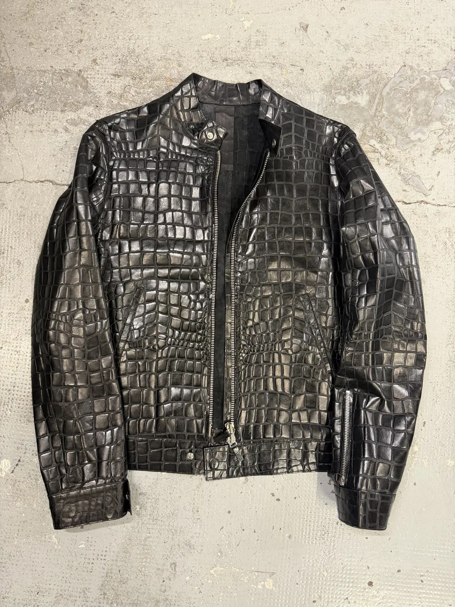 Roberto Cavalli Black Crocodile Embossed Leather Biker Jacket - Image 3