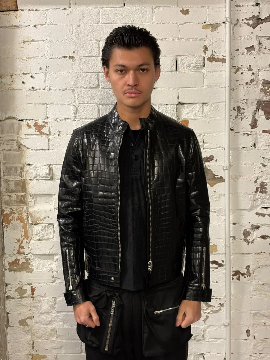 Roberto Cavalli Black Crocodile Embossed Leather Biker Jacket - Image 4