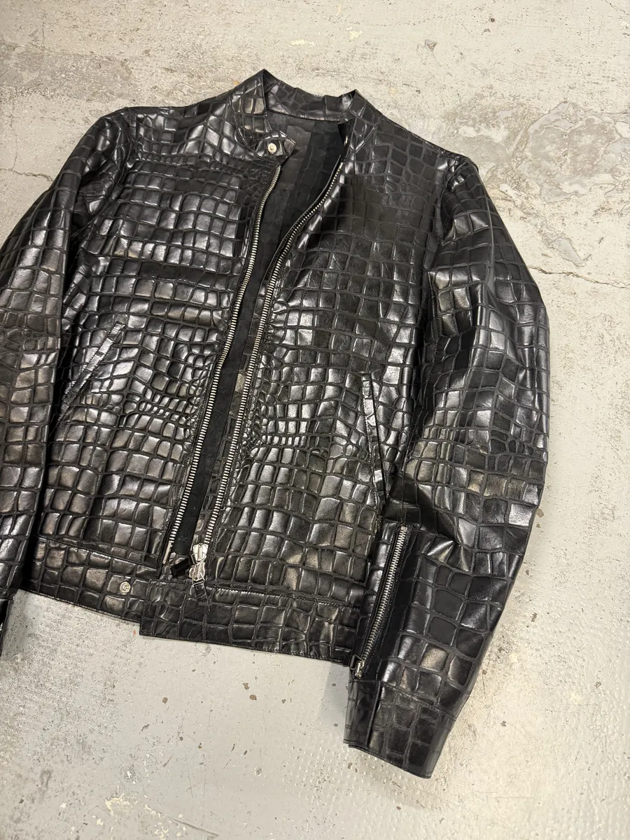 Roberto Cavalli Black Crocodile Embossed Leather Biker Jacket - Image 6