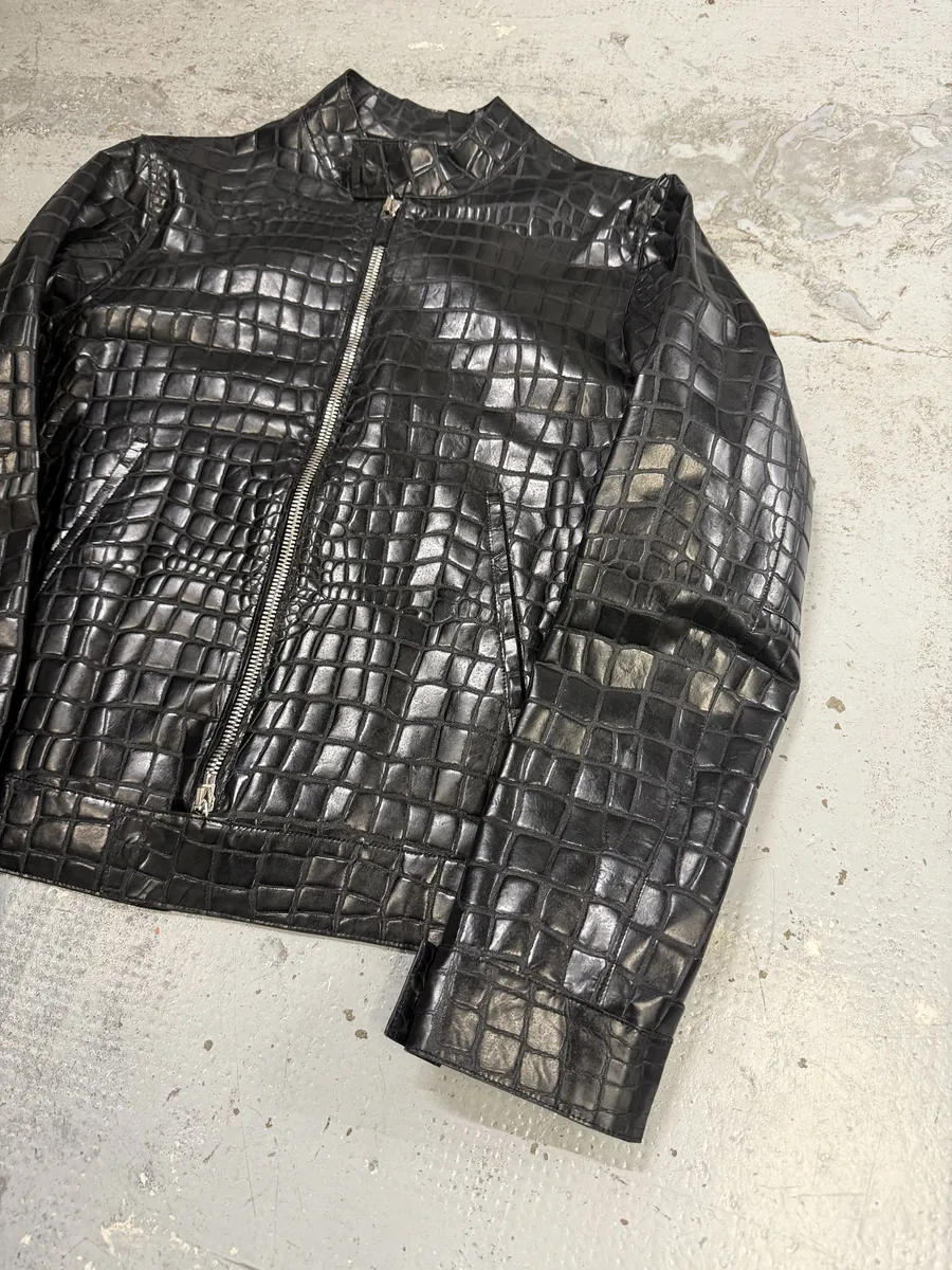 Roberto Cavalli Black Crocodile Embossed Leather Biker Jacket - Image 9