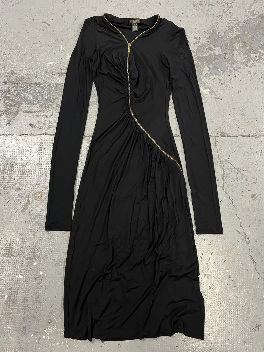 Roberto Cavalli Black Tornado Golden Zip Dress