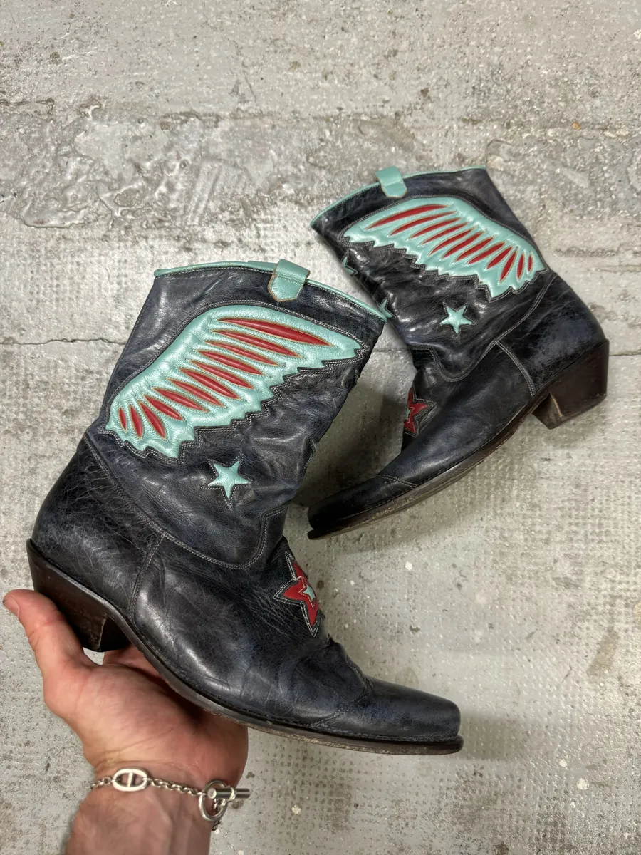 Roberto Cavalli Blue Aviator Wings Leather Santiags Boots