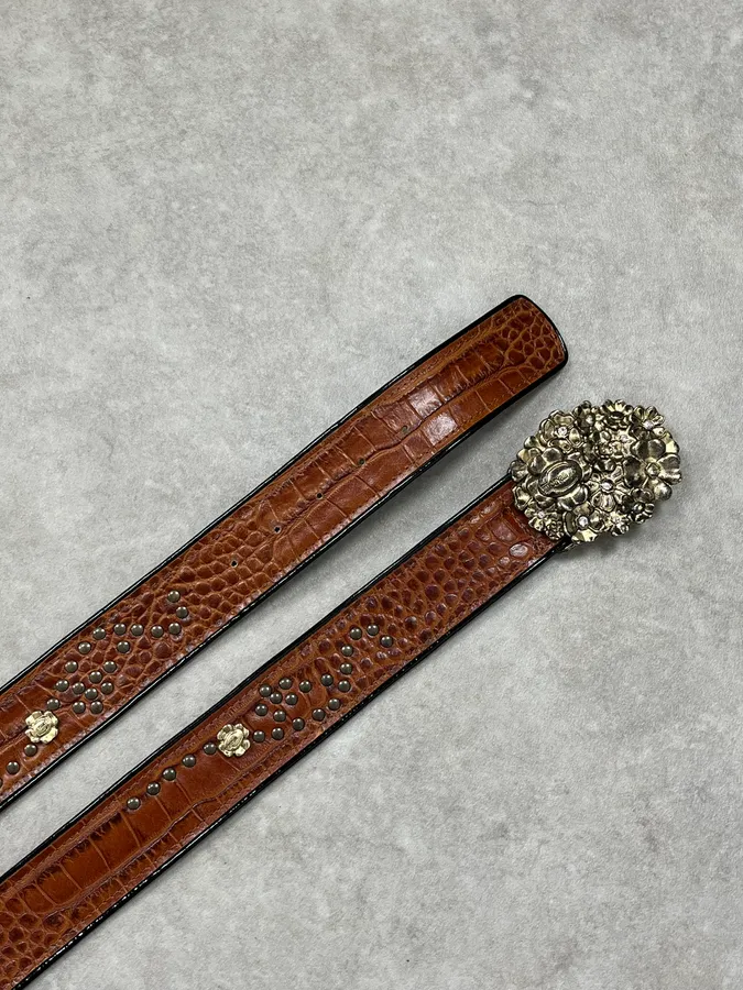 Roberto Cavalli Brown Leather Studded Floral Belt - Image 4