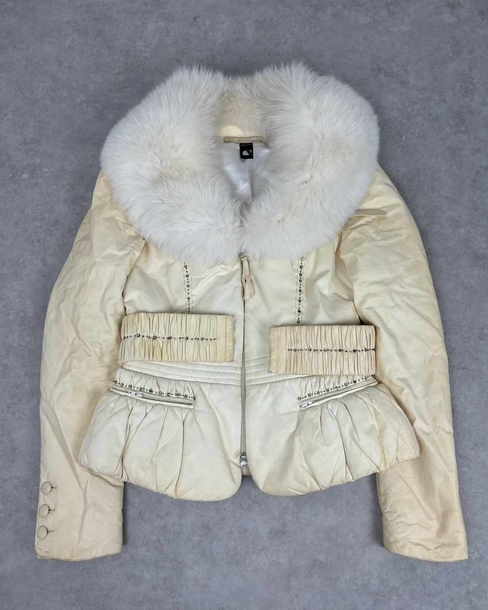 Roberto Cavalli Cream Fur Collar  Leather Jacket - Image 6