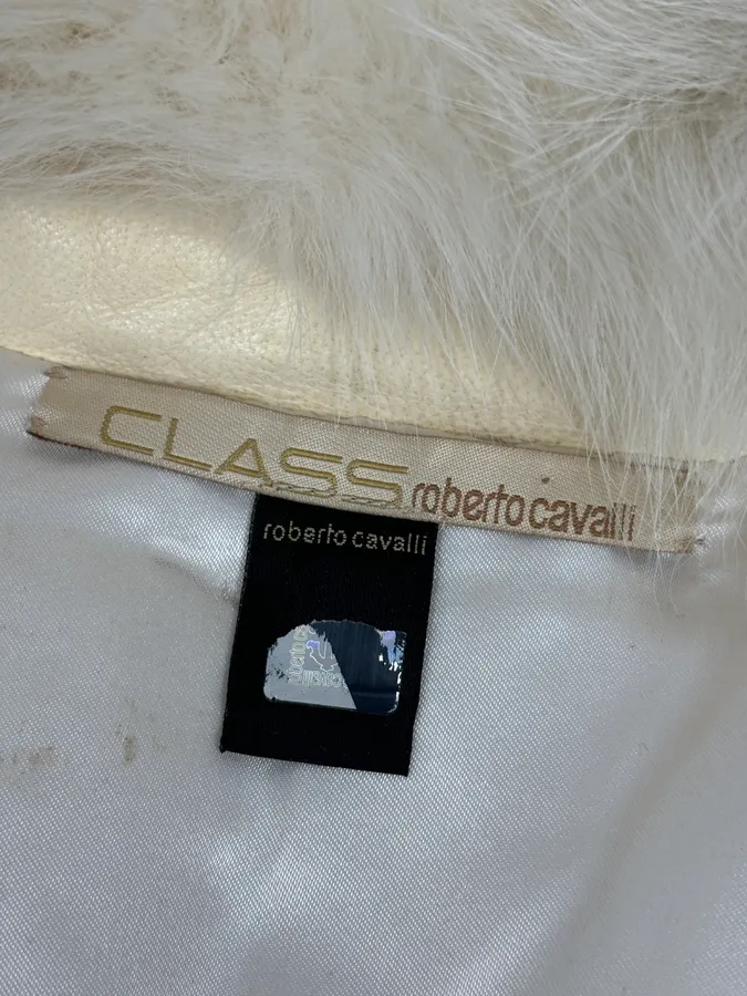 Roberto Cavalli Cream Fur Collar  Leather Jacket - Image 9