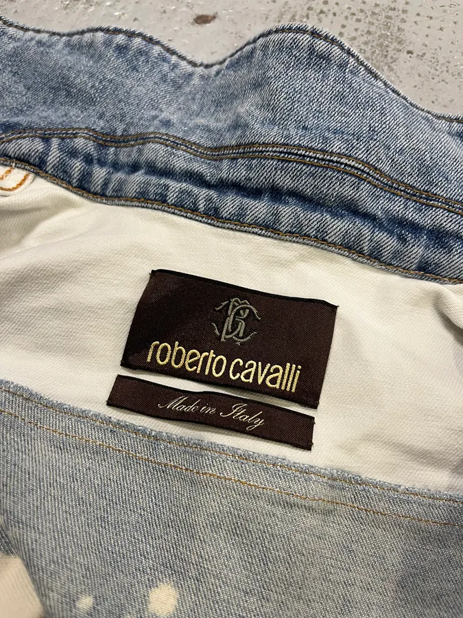 Roberto Cavalli Crop Leopard Distressed Light Blue Denim Vest - Image 9