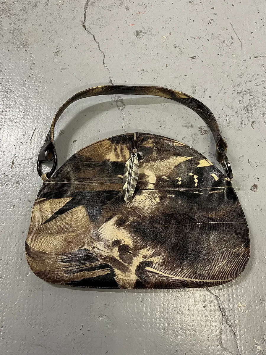 Roberto Cavalli Feather Charm Black & Beige Handle Bag