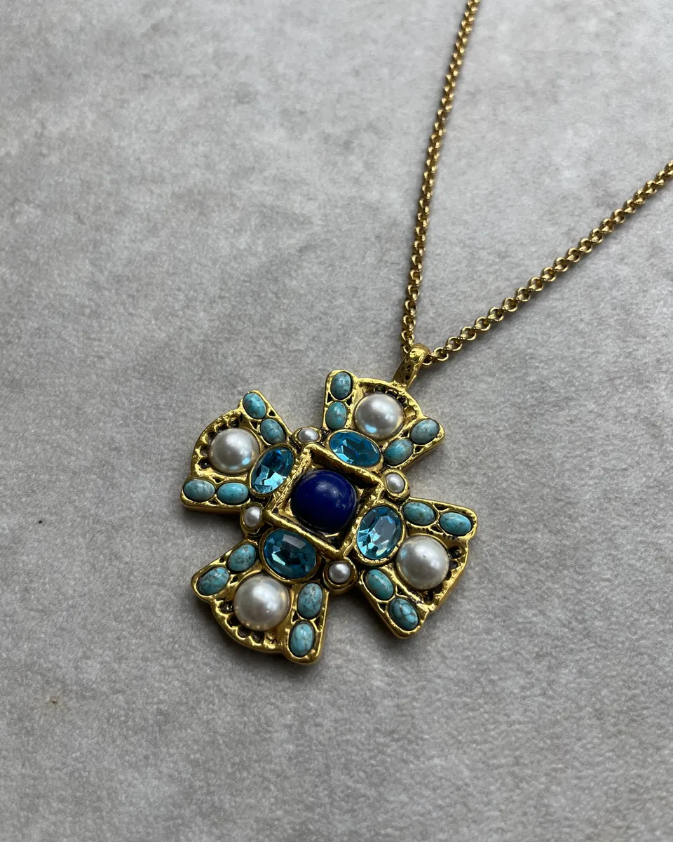 Roberto Cavalli Gold Metal Cross Pearl Enamel Necklace - Image 3