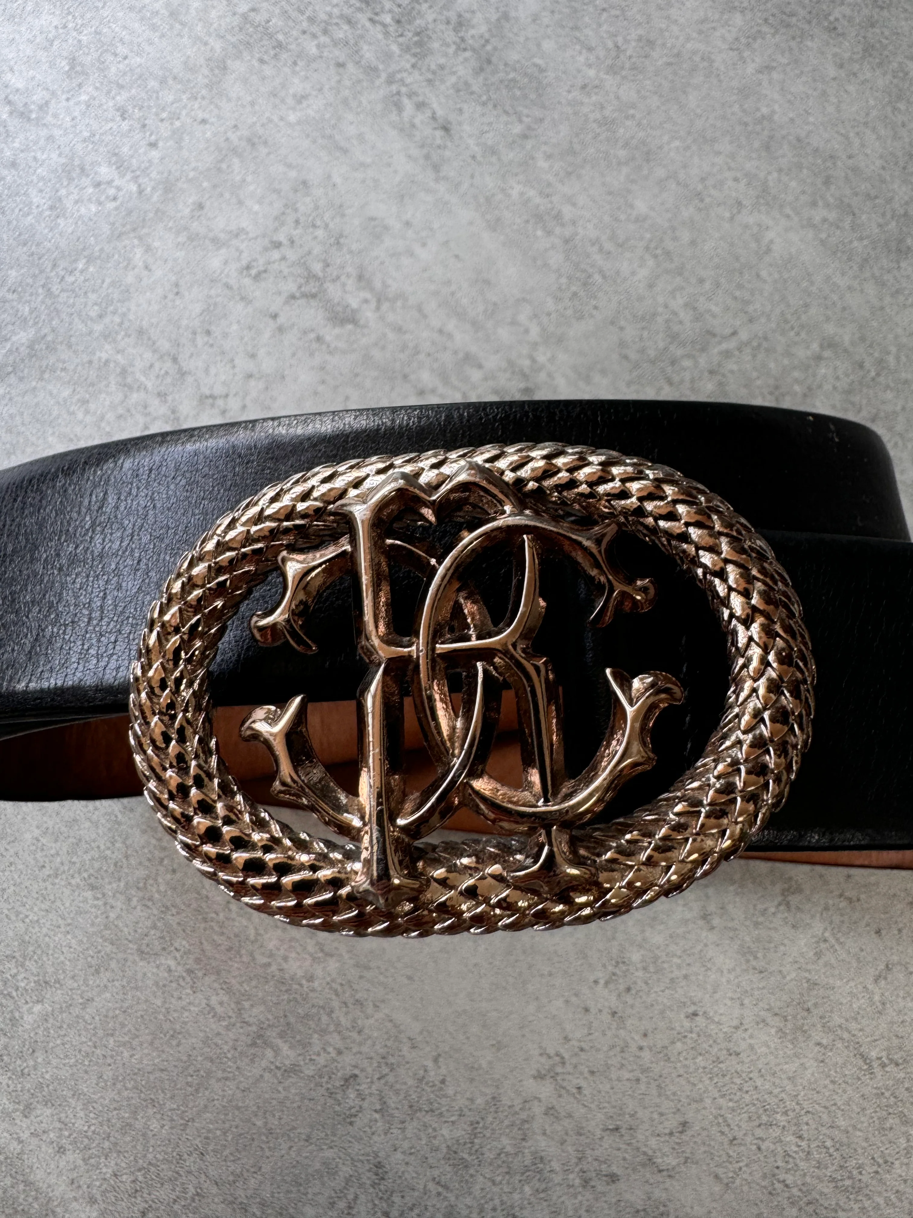 Roberto Cavalli Golden Pink Snake Buckle Black Leather Belt - Image 2