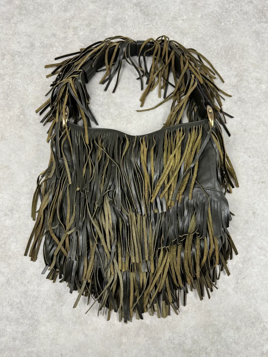 Roberto Cavalli Khaki Leather Full Fringe Handle Bag