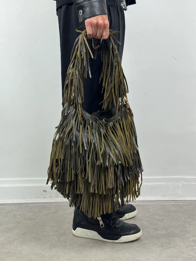 Roberto Cavalli Khaki Leather Full Fringe Handle Bag - Image 2