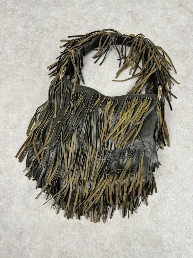 Roberto Cavalli Khaki Leather Full Fringe Handle Bag - Image 3