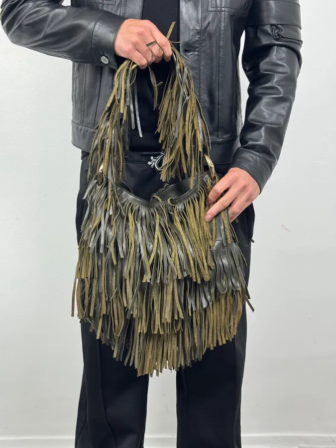 Roberto Cavalli Khaki Leather Full Fringe Handle Bag - Image 4