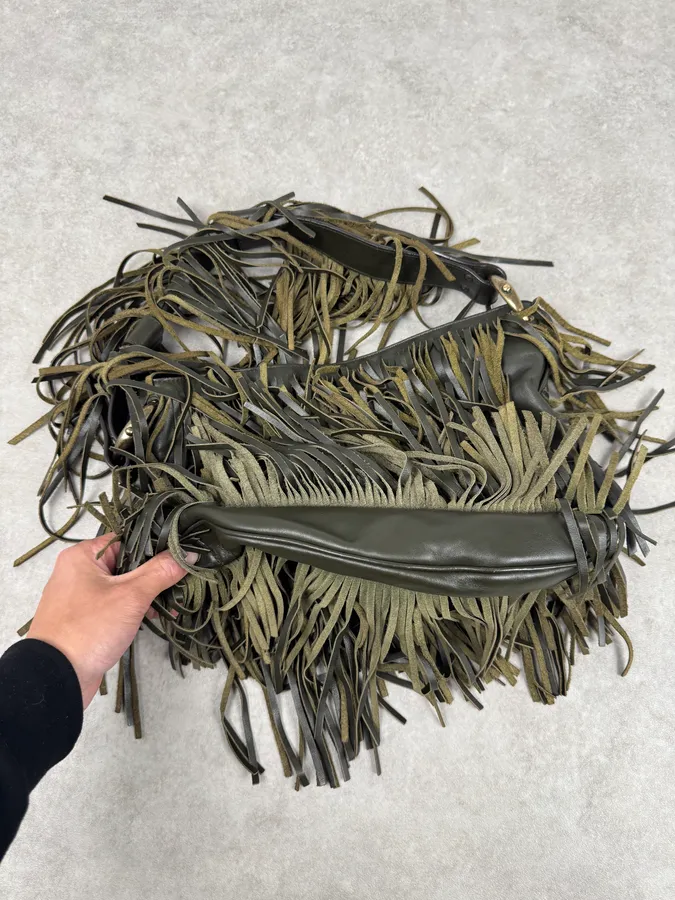 Roberto Cavalli Khaki Leather Full Fringe Handle Bag - Image 5