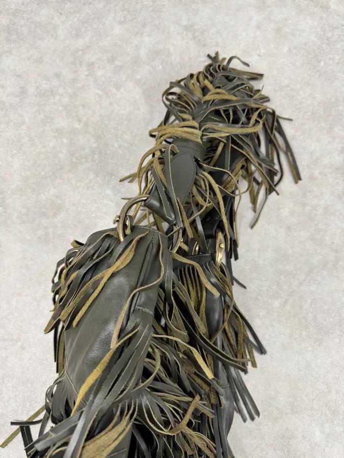 Roberto Cavalli Khaki Leather Full Fringe Handle Bag - Image 7