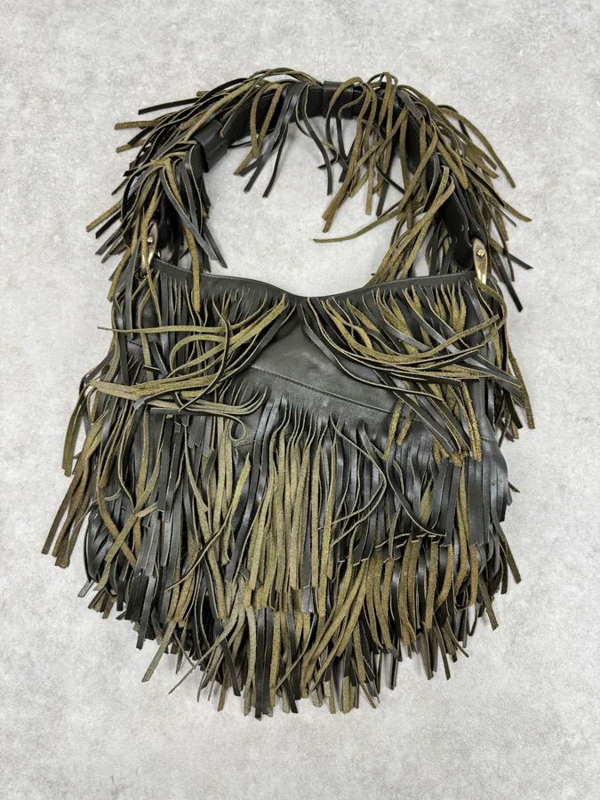 Roberto Cavalli Khaki Leather Full Fringe Handle Bag - Image 8