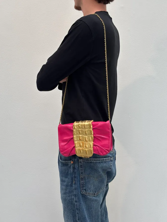 Roberto Cavalli Pink Leather Clutch Gold Crocodile Effect Clasp Bag - Image 3