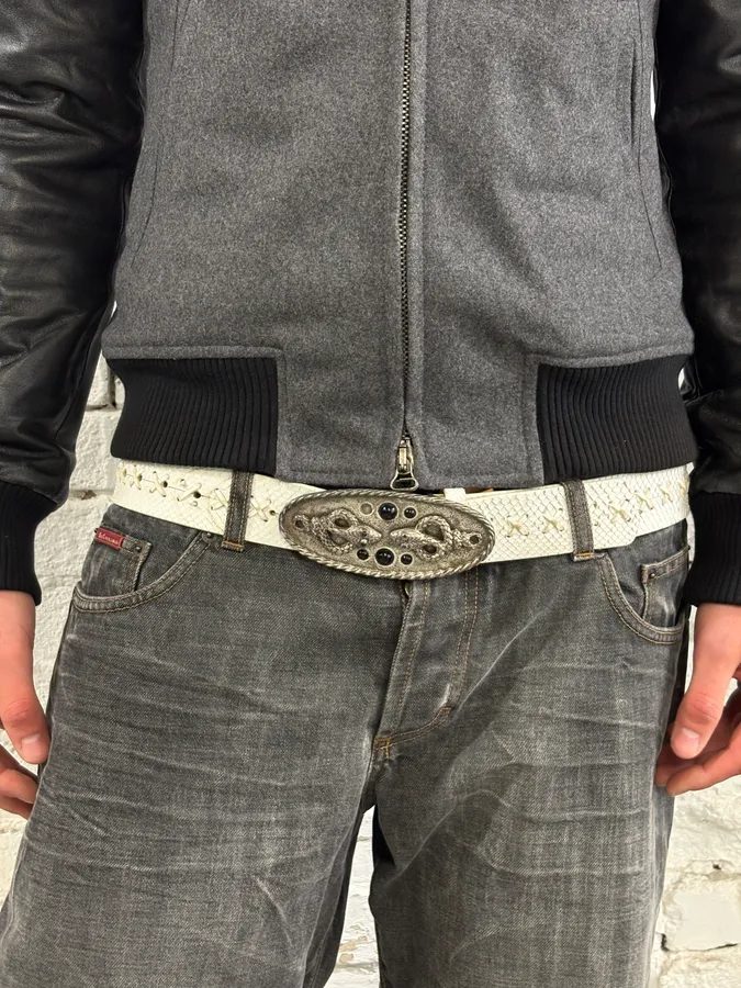 Roberto Cavalli Python Cross Stitch White Leather Belt