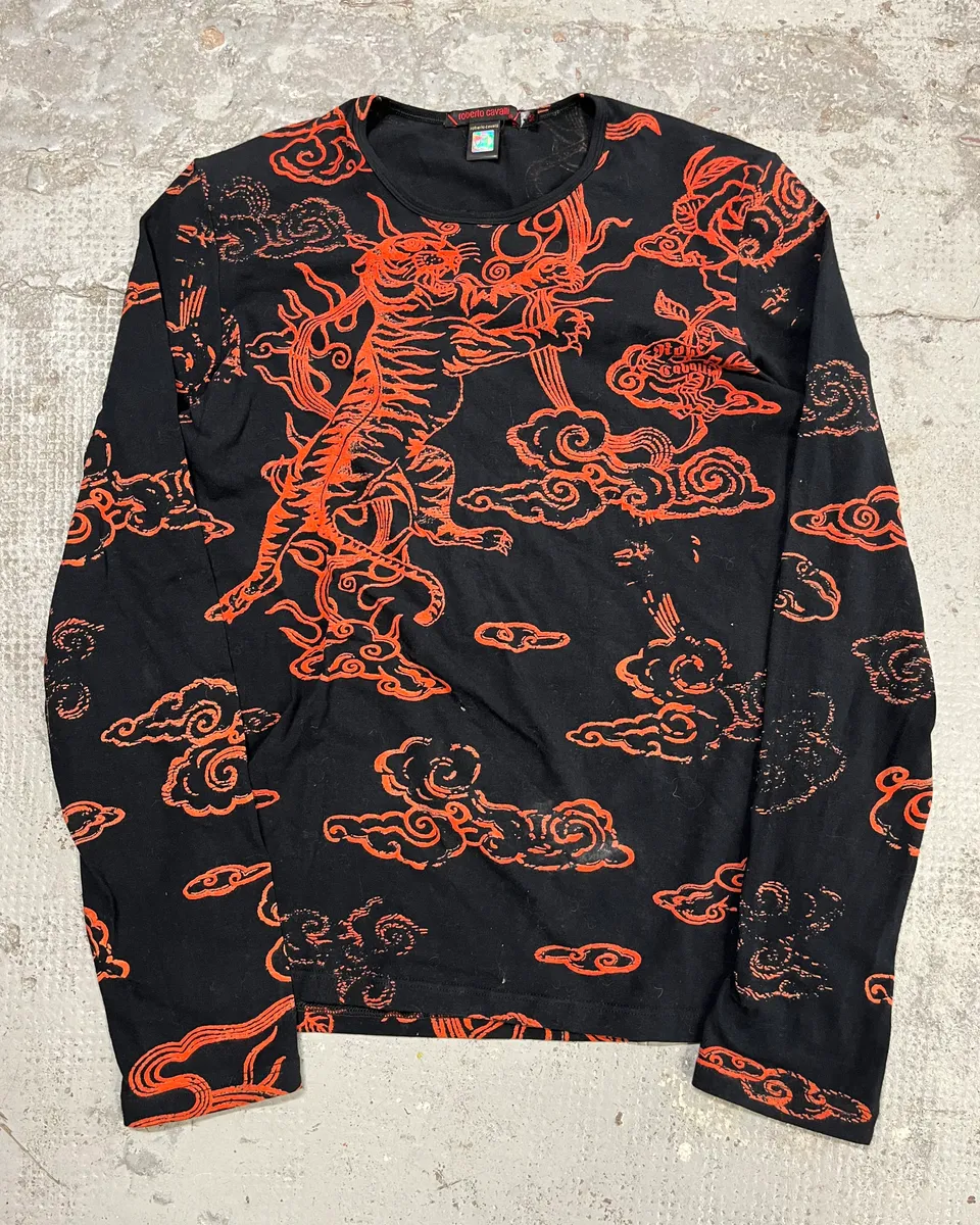 Roberto Cavalli Red Tiger Asian Print Black Longsleeve T-Shirt