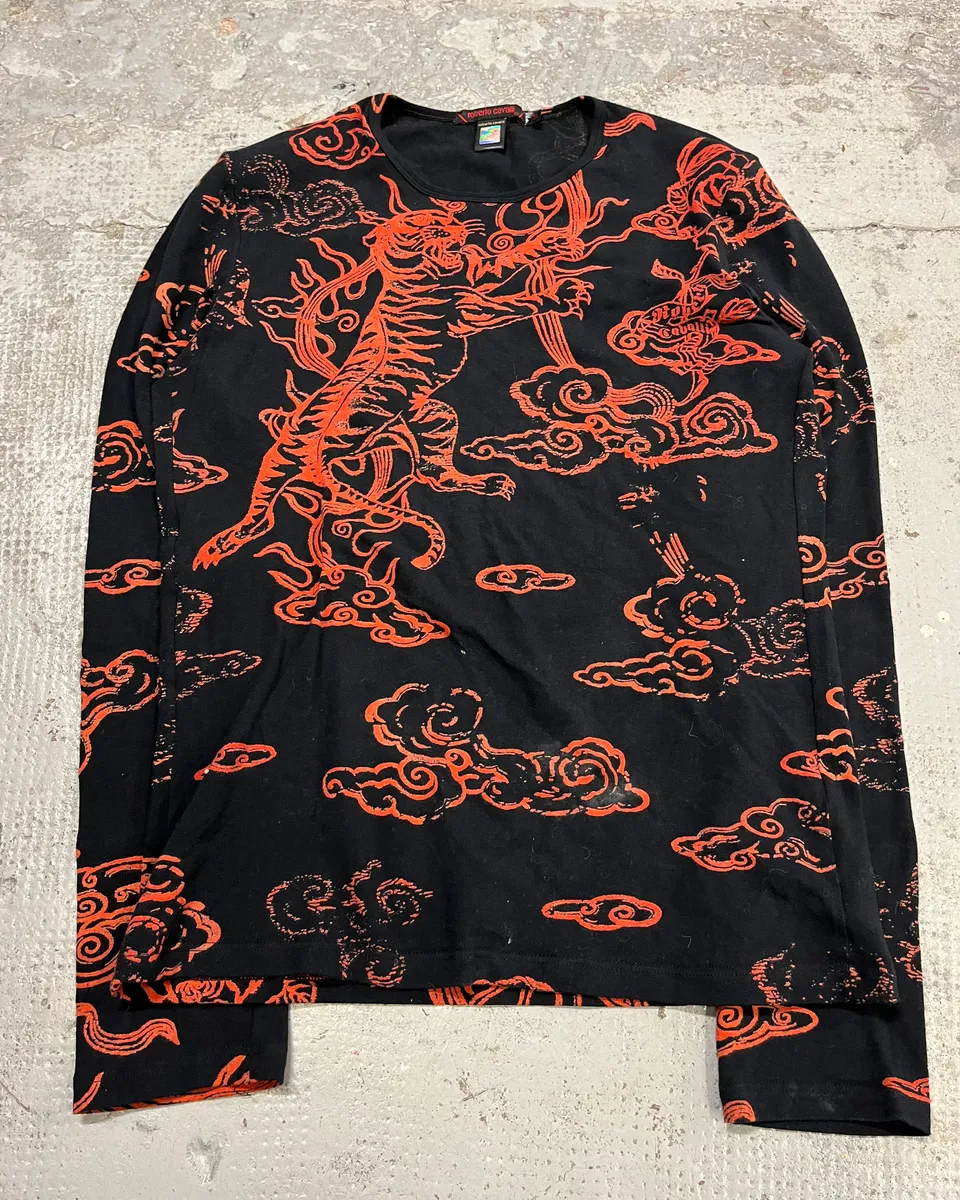 Roberto Cavalli Red Tiger Asian Print Black Longsleeve T-Shirt - Image 4
