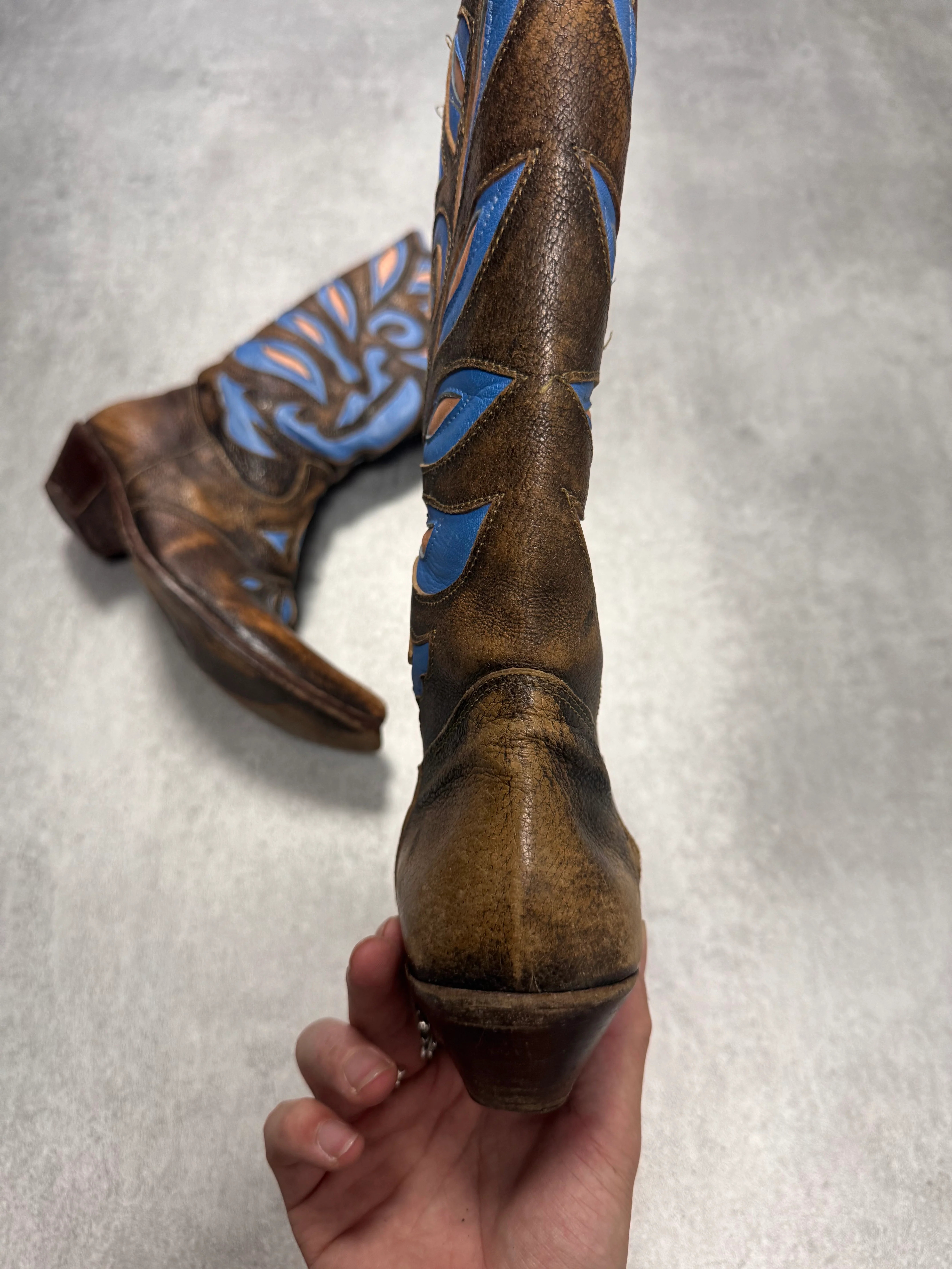 Roberto Cavalli Santiag Blue Fantasy Faded Leather Boots - Image 3