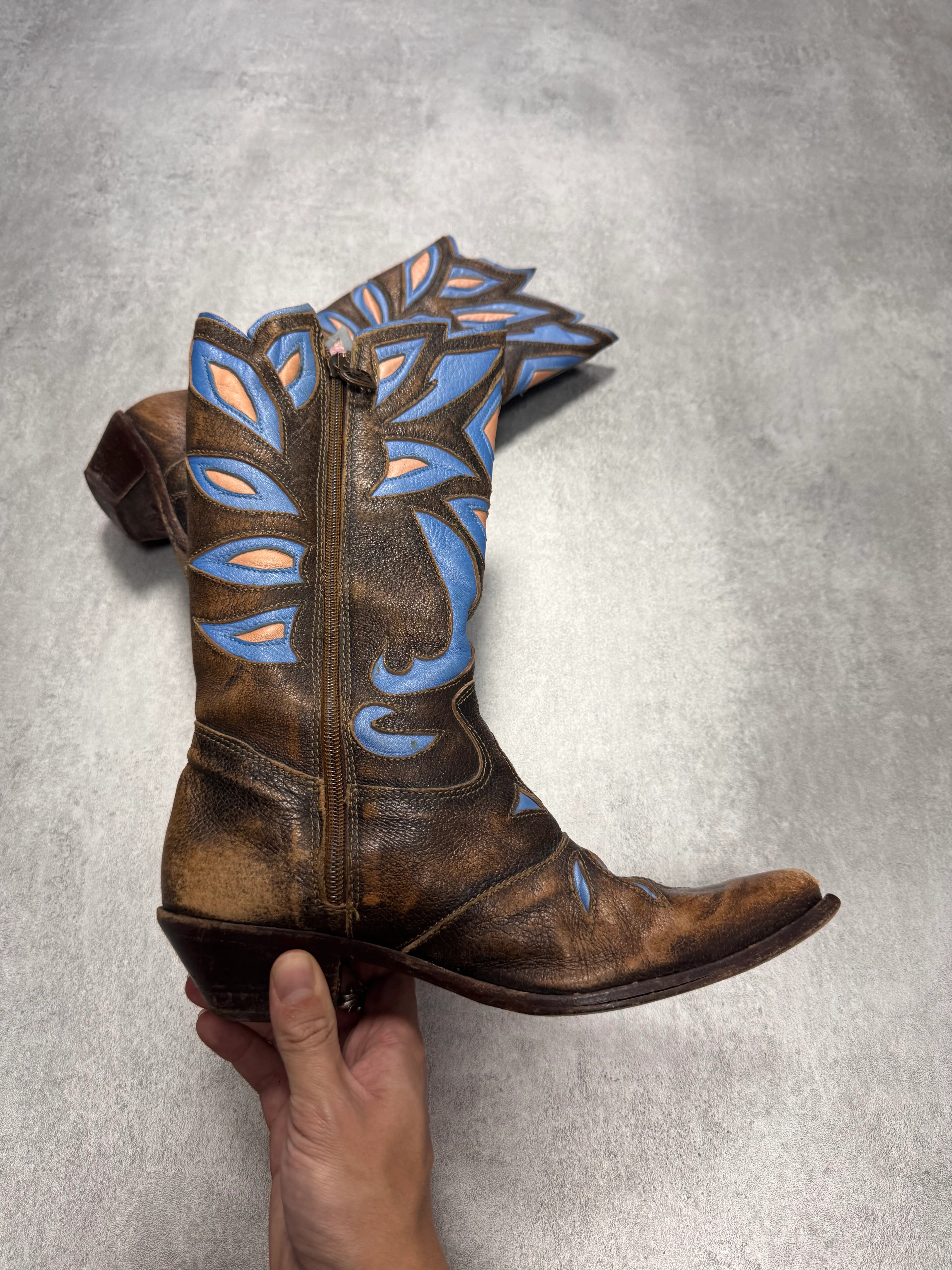 Roberto Cavalli Santiag Blue Fantasy Faded Leather Boots - Image 4