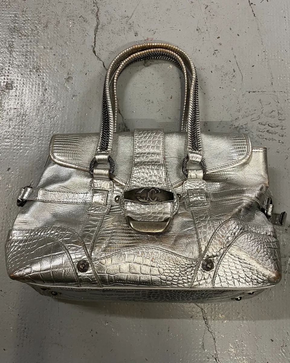 Roberto Cavalli Silver Crocodile Embossed Leather Shoulder Bag