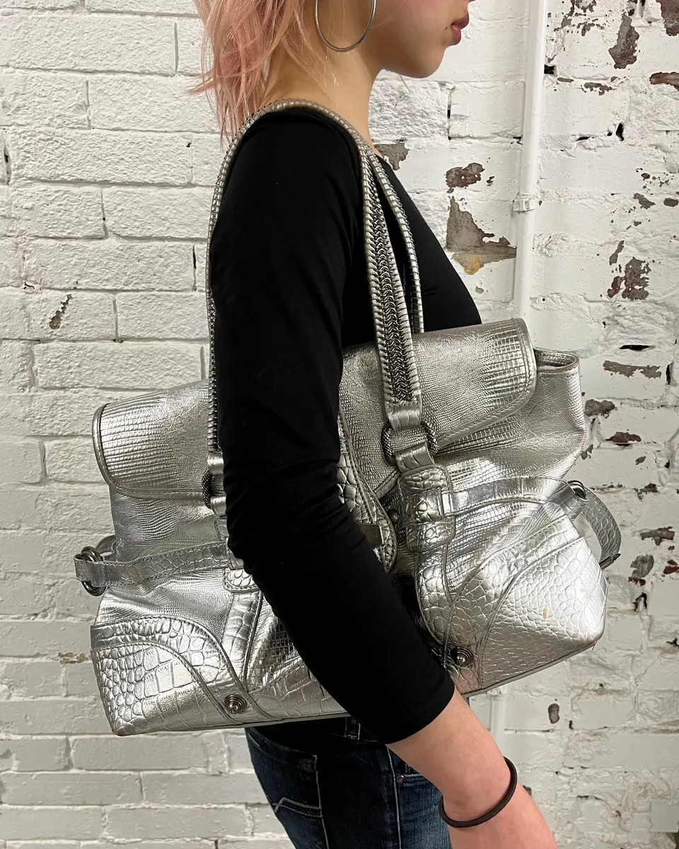 Roberto Cavalli Silver Crocodile Embossed Leather Shoulder Bag - Image 2