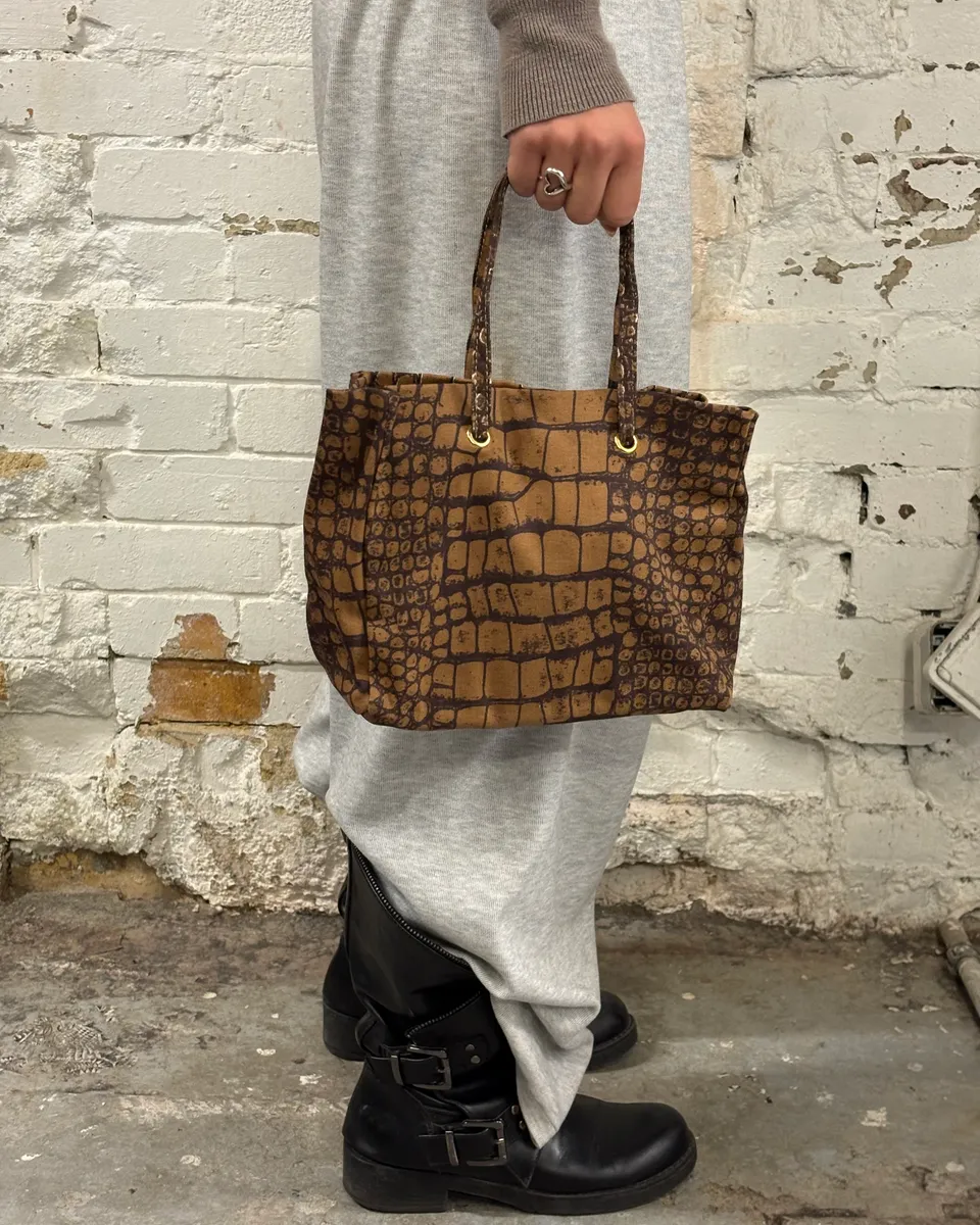 Roberto Cavalli Tan Jacquard Crocodile Print Handle Bag - Image 2