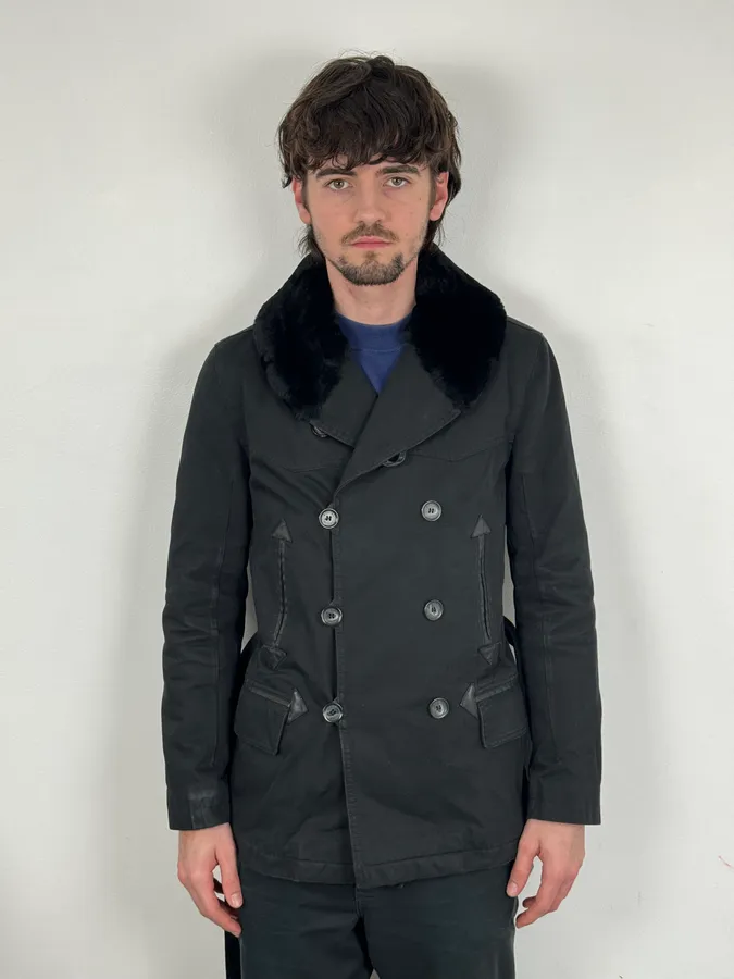 Rykiel Black Faux Fur Premium Belted Officer Jacket - Image 2