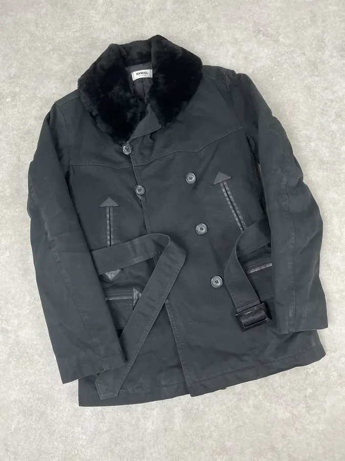 Rykiel Black Faux Fur Premium Belted Officer Jacket - Image 4