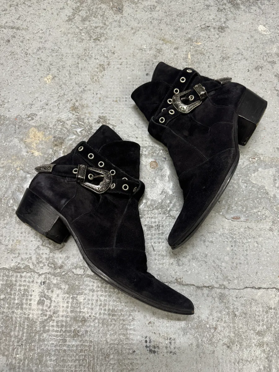 S2014 Saint Laurent Cowboy Buckle Black Suede Leather Boots - Image 2