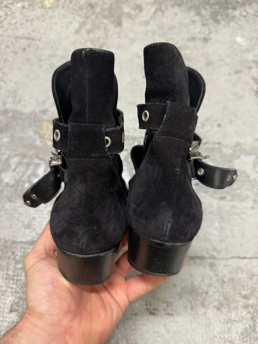 S2014 Saint Laurent Cowboy Buckle Black Suede Leather Boots - Image 8