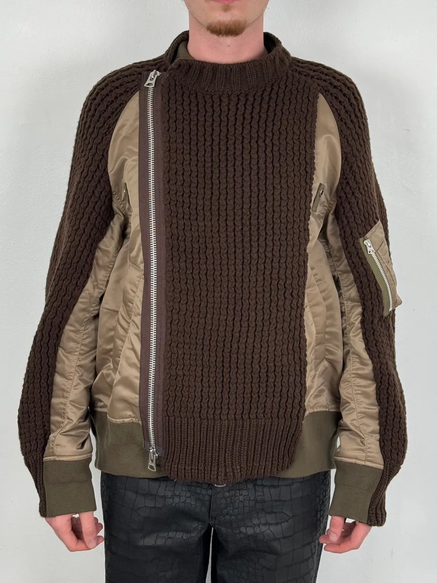 Sacai Hybrid Wool Nylon Brown Bomber Jacket - Image 2