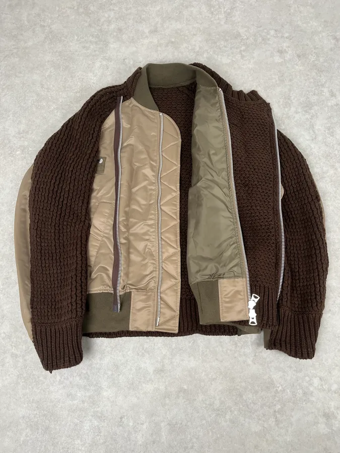 Sacai Hybrid Wool Nylon Brown Bomber Jacket - Image 4